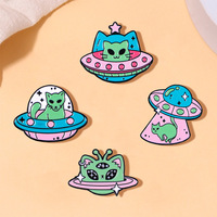 Cute Cartoon Alien Green Cat Enamel Brooch Creative Outer Space UFO Lapel Pin Badge Backpack Clothing Hat Accessories