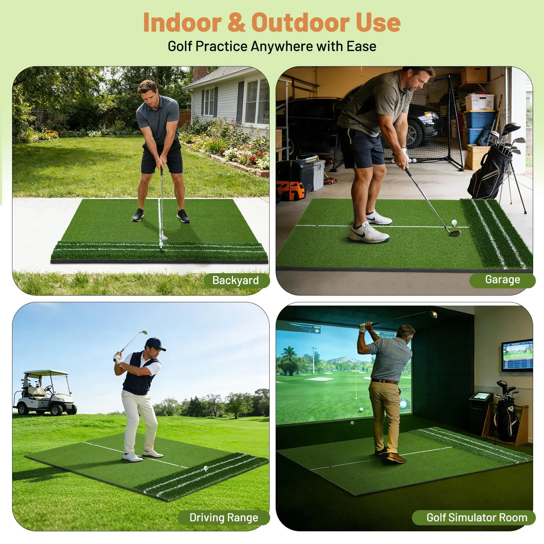 Tappetino da golf 5x4 piedi, doppia superficie, 9 fori per tee, base in EVA, 45 mm per il fairway e 25 mm per il green, griglia di allineamento, linee per il percorso dello swing, fondo antiscivolo,