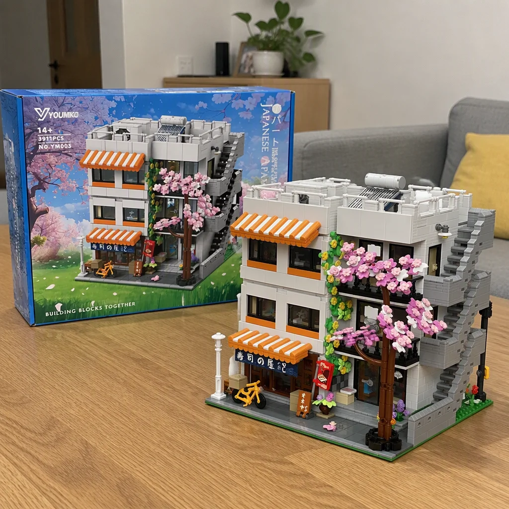3911PCS Sushi Shop Apartment Building Blocks Set Japanese Street View House Cherry Blossom Architecture Modular Model Kit with 5 Figuren and LED Lighting DIY Assembly Bricks Toys for Adults Gift Desktop Ornament Collection Display Home Decortion