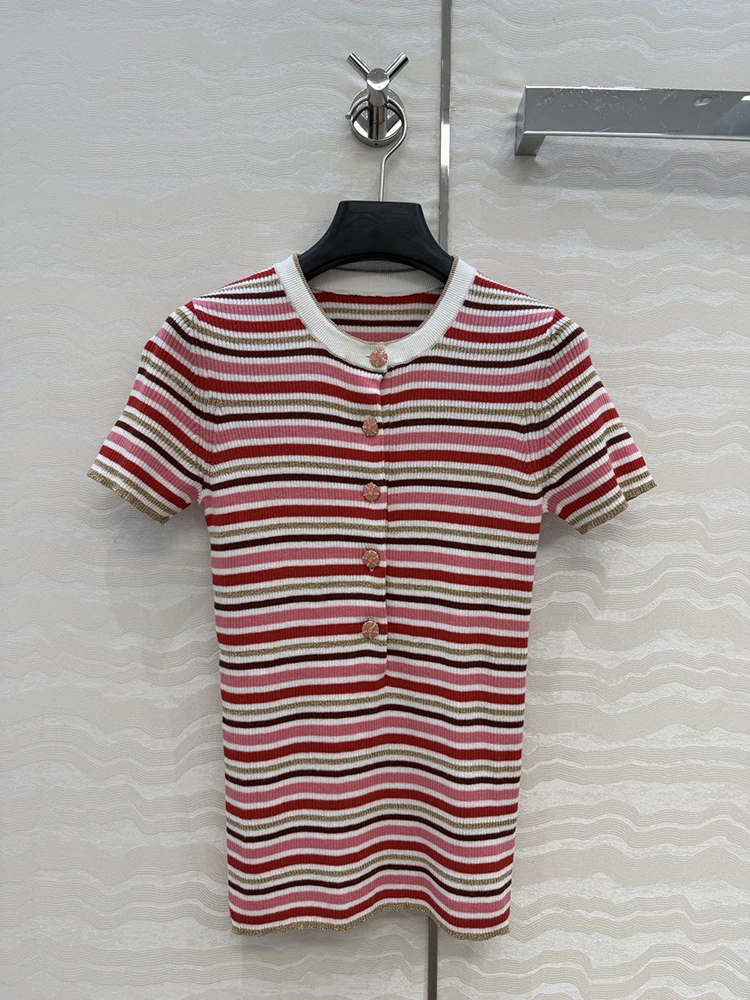 

Весна-лето, новый стиль, с короткими рукавами, однорядная пряжка, круглый вырез, розовые полоски, материал из чистого хлопка, женская розовая модная футболка