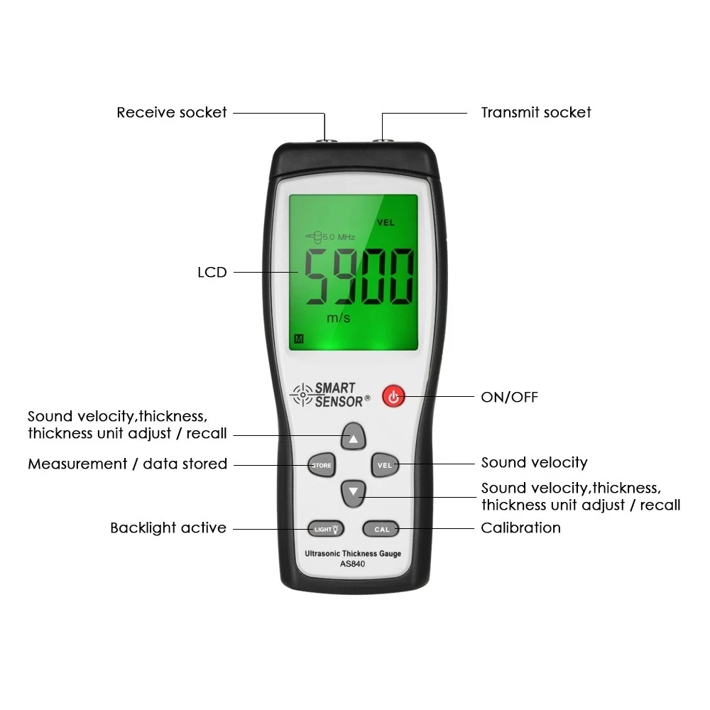 Smart Sensor AS840 Digital Ultrasonic Thickness Gauge Sound Velocity Meter Metal Depth tester 1.2-225mm with LCD display