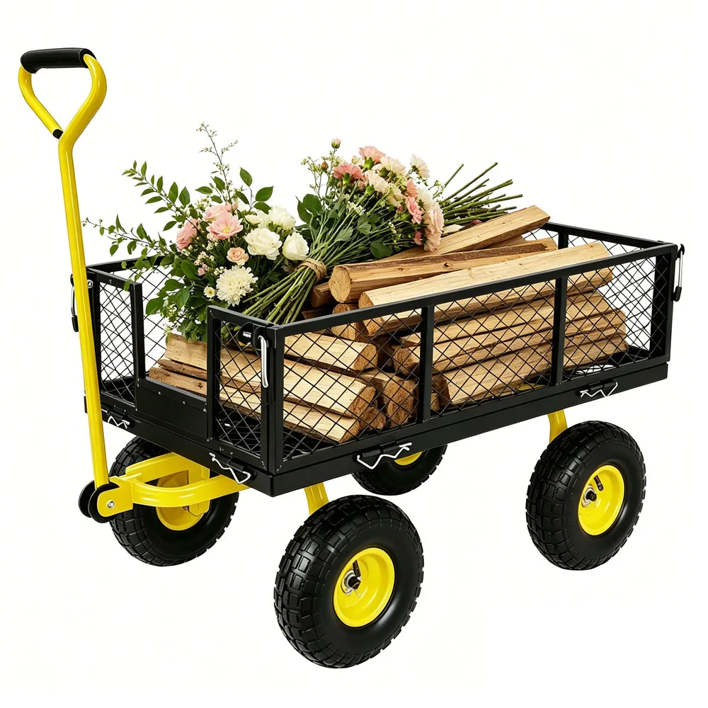 Chariot de jardin 2-en-1 en acier maillé avec roues tout-terrain de 10 pouces, côtés amovibles, réglable à 180° °   Poignée, 360 °   Direction flexible, grande capacité de 900 LBS, adapté aux travaux