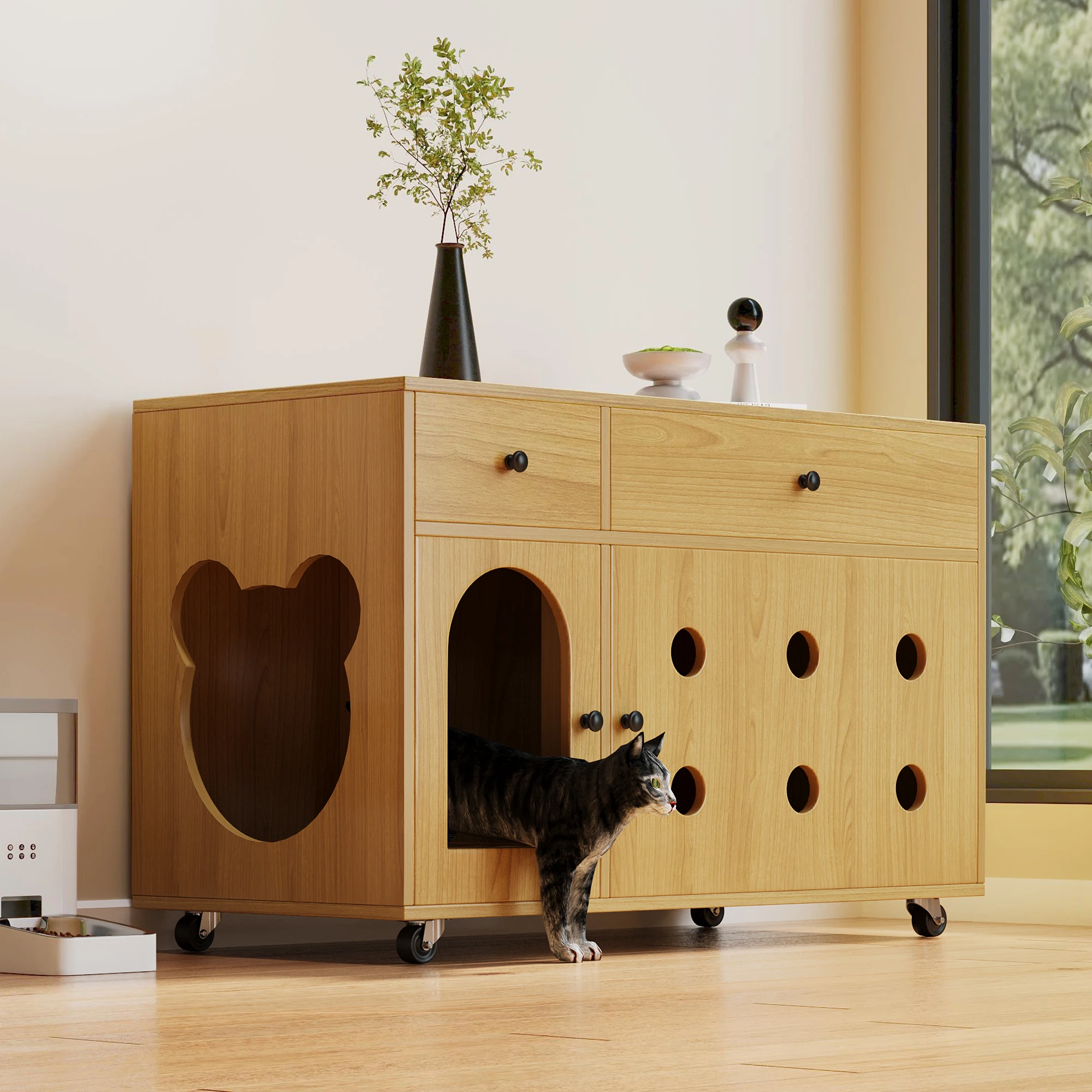 Katzenklo-Schrank/Katzenbett aus Holz mit Schubladen und Rollen, multifunktionales Katzenhausmöbel/tragbare Katzentoilette/Aufbewahrungsschrank, kontrolliert effektiv Gerüche, geeignet für die