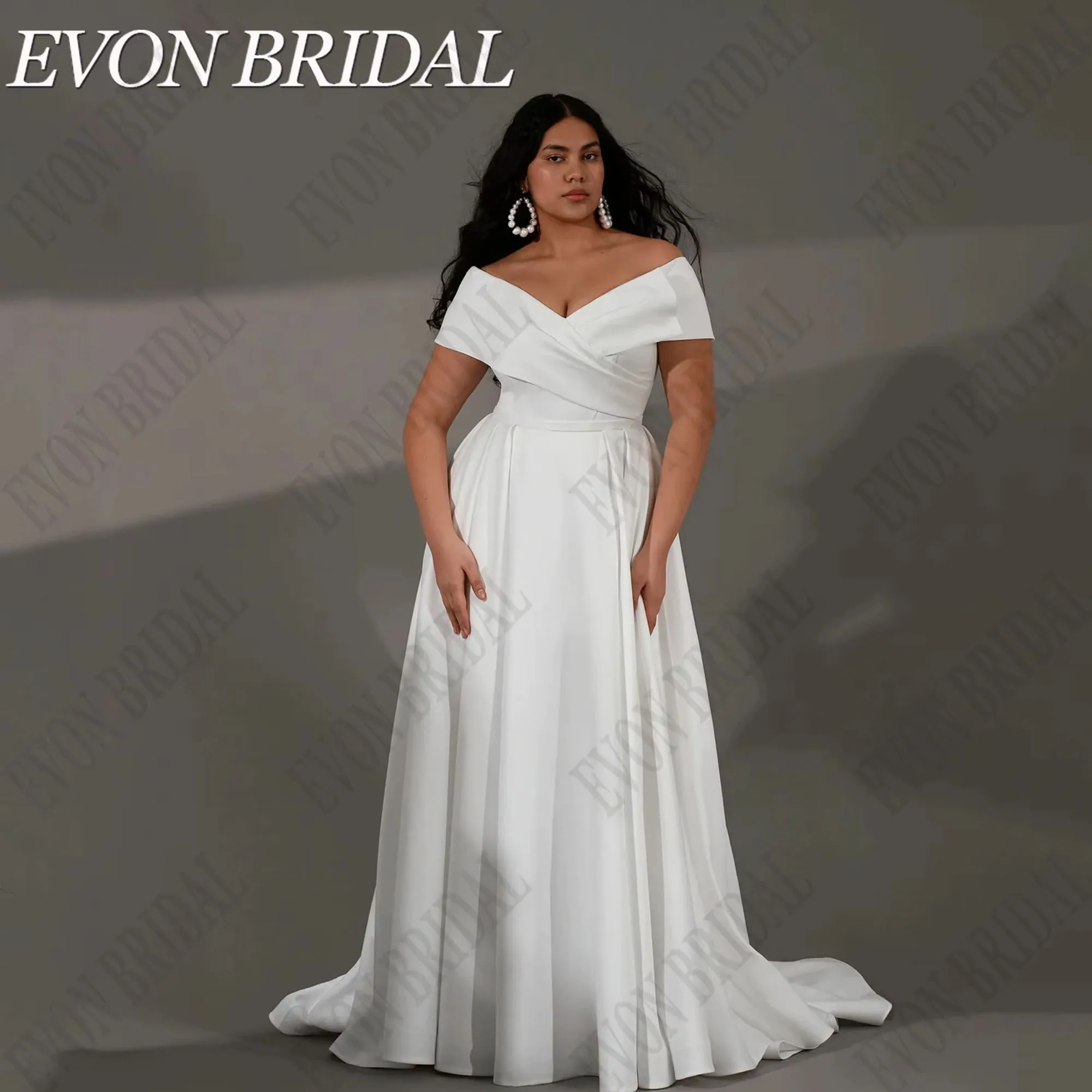 Evon nupcial fora do ombro vestidos de casamento plus size mulher cetim a linha vestido de noiva marfim vestidos de novia trem varredura personalizado