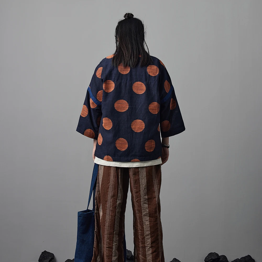 Japanese style Vintage kimono jacket Men's Orange Dots embroidery Indigo dye Unisex Jacket Casual Cardigan Coat