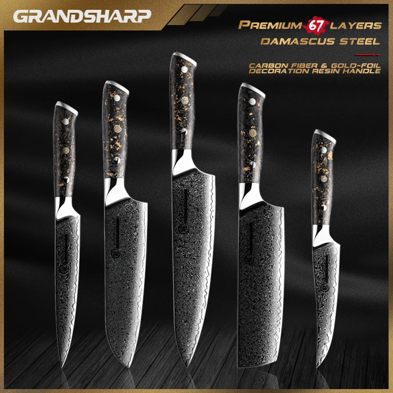 

Grandsharp Kitchen Knives 5 Pcs Chef Knife Set 67 Layers Damascus Steel Gold Foil Decor Resin Handle Cooking Cutting Tools