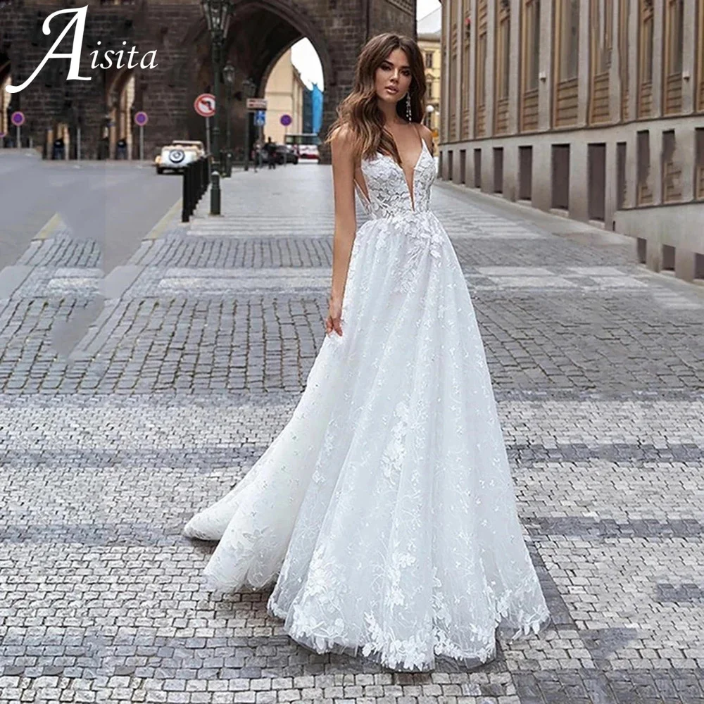 Robe de mariée trapèze à col en V personnalisée, bretelles spaghetti, appliques en dentelle, adaptée aux patients, quel que soit le dos ouvert, train de balayage, robe éducative