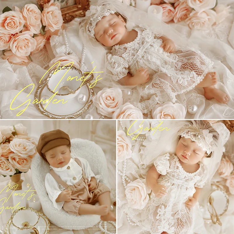 Newborn Photography Clothing Monet's Garden Theme Set Baby Girl Lace Princess Dress Boy Prince Suit Veil  Beret Infant Headwear