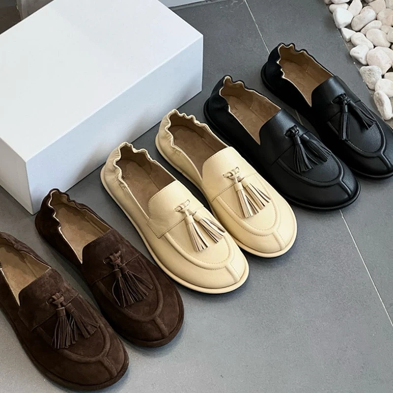 

Maxdutti Minimalist Handmade Cowhide Flats Shoes Women Tassel Comfortable Commuting Casual Shoes Slip-On Loafers Women