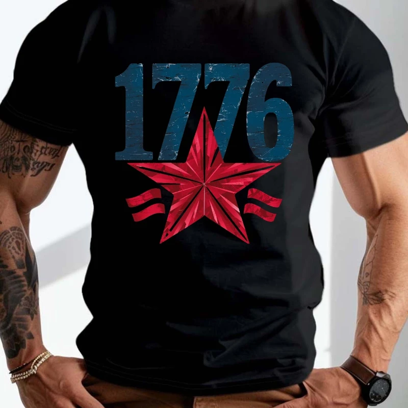 

Men's Summer T-shirt Vintage Vibe 1776 Design Graphic Print Short Sleeve Tees Trend Casual Tops For Daily Life