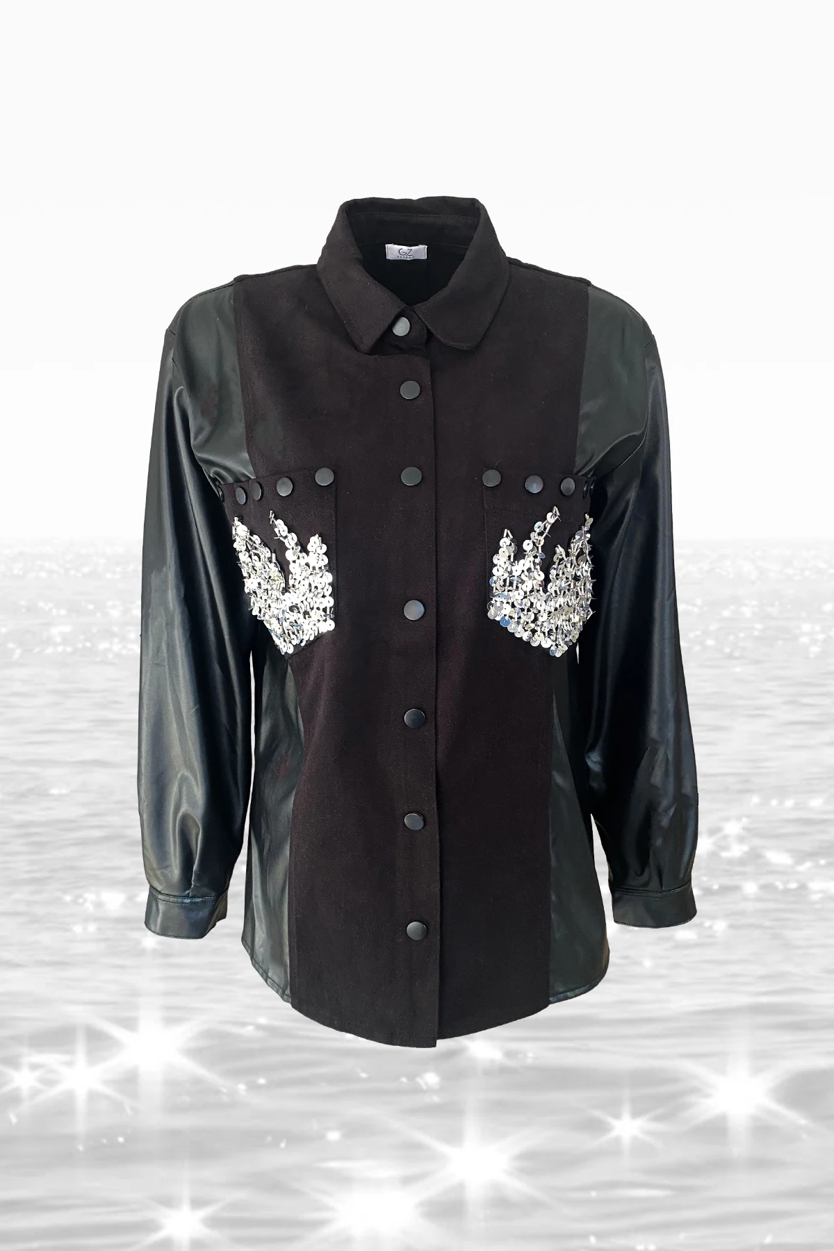 

Silver Flame Embroidered Sleeves Leather Detailed Black Color Women Jean Jacket