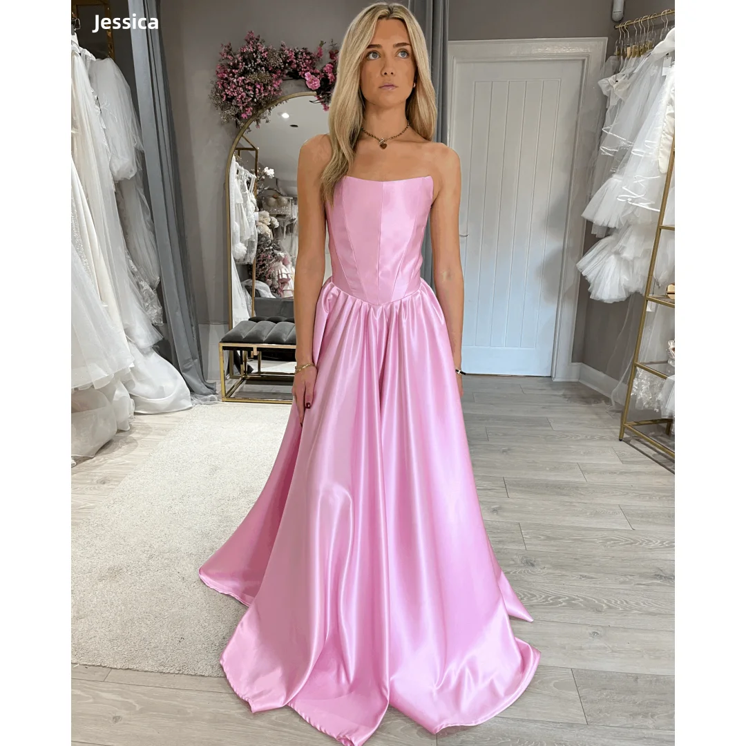

Jessica Delicate Pink Evening Dresses Sexy Off-the-shoulder Satin Prom Dresses A-line Elegant Lady Vestido Festa Customized