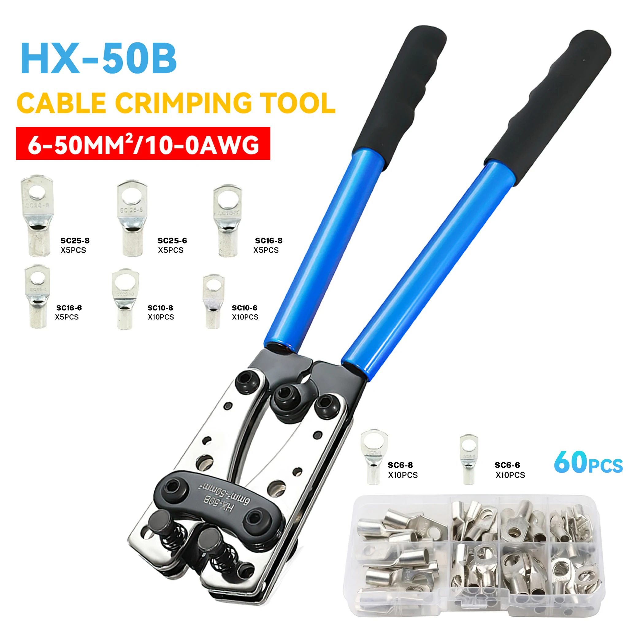 HX-50B Pinza Manuale Portatile per Crimpatura Cavi 6-50mm² AWG 10-0 Pinza Esagonale per Terminali a Ghiera