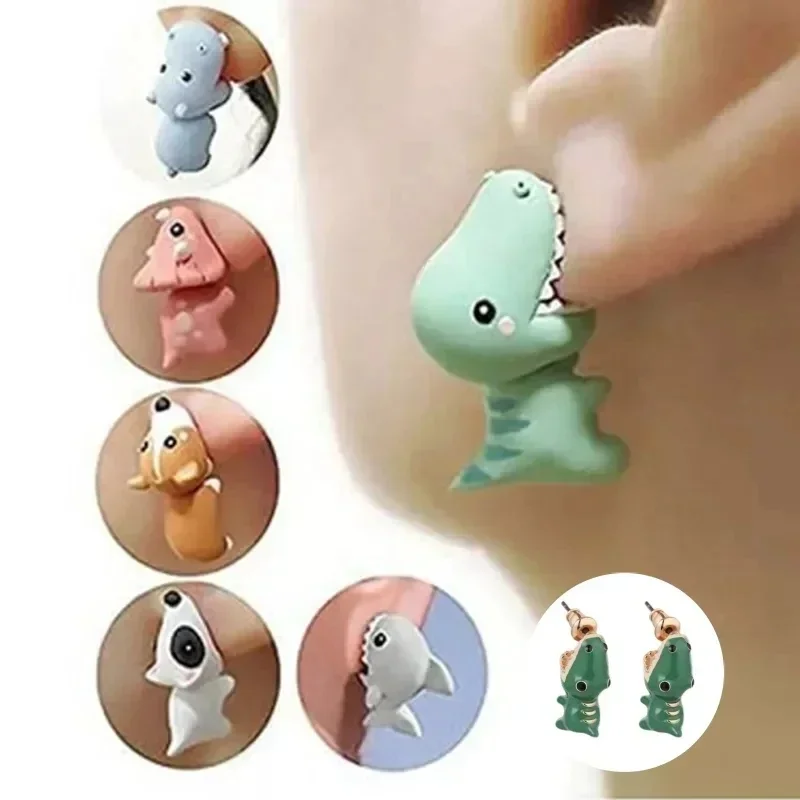 2 Stuks/1 Paar Dier Cartoon Oorknopje Voor Vrouwen Schattige Dinosaurus Kleine Hond Walvis Klei Oor Sieraden Grappige Geschenken Mode - afbeelding 2