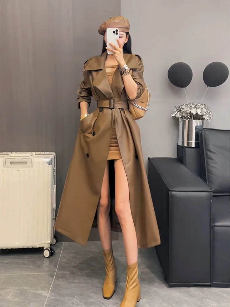 Women's Extra Long Oversized Trench Coat Spring Autumn Cool Black PU Leather Belted Runway Fashion 2025