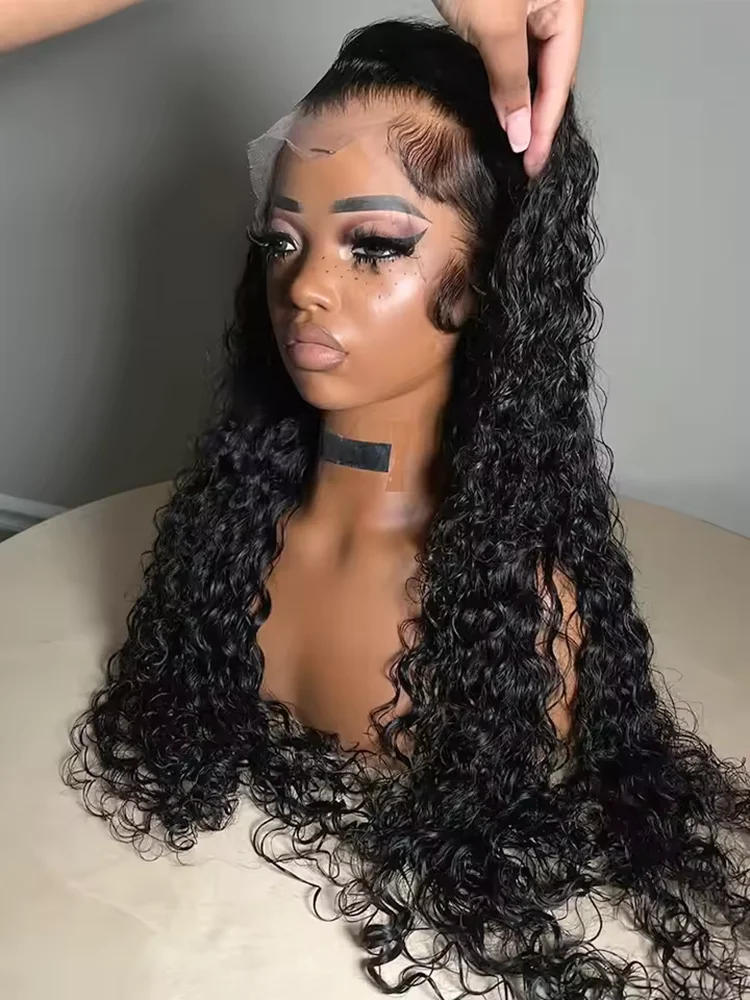 

180% 32 34 Inch 13x4 Deep Wave Lace Front Wig Brazilian Remy Human Hair Wig Natural Black Curly Hair HD Transparent Lace Frontal Wig