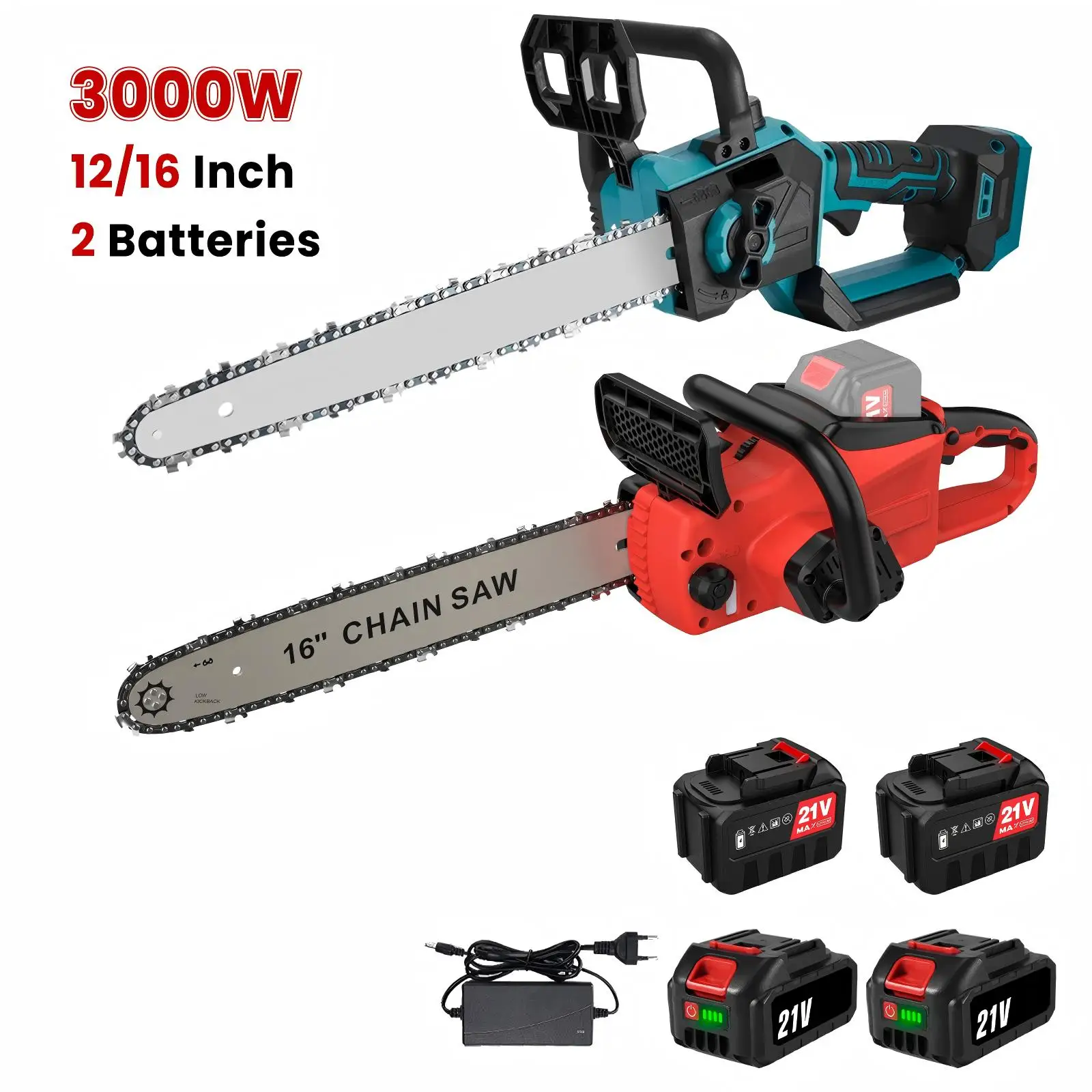 12/16 Zoll 2000W/3000W Lithium Bürstenlose Akku-Kettensäge mit 2 Akkus & 1 Ladegerät für Waldarbeiten, Holzfällen, Astschnitt und Mehr