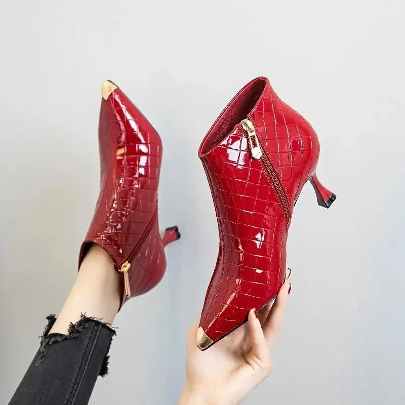 FHC-Bottes courtes à talons hauts pour femmes, bottines minces, Parker pointu, fermeture éclair latérale, noir, rouge, beige, livraison directe, chaussures d'hiver, nouveau