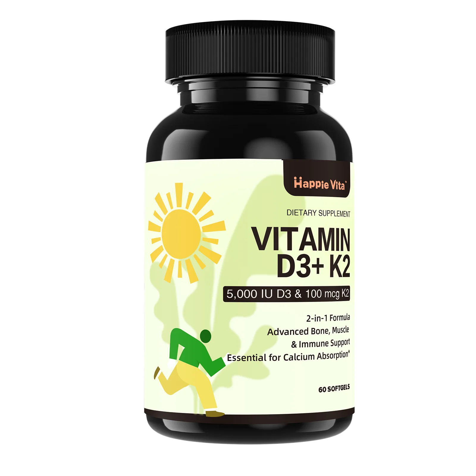 Vitamin D3 K2, Vitamin D3 5000 IU (125 mcg) + Vitamin K2 100 mcg for Bone, Teeth, Muscle and Immune Health Support, 60 Softgels