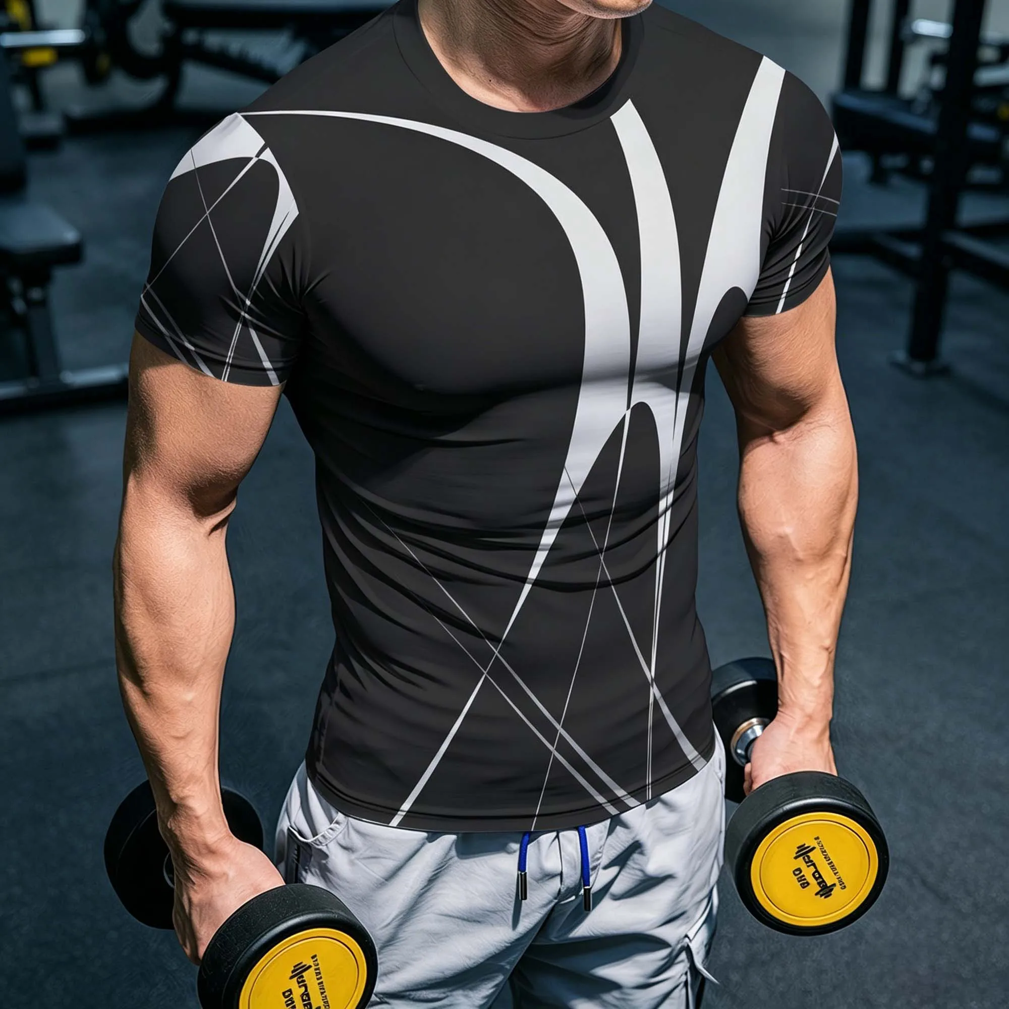 Outdoor-Sport Herren Abstraktes Gebogenes Kreuzstreifen-Athletic-T-Shirt Dehnbares Schweißableitendes Kurzarm-Jogging-Crossfit-Trainingsshirt