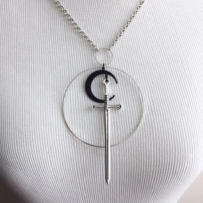 Letter Openr Envelope Opener Black Moon Sword Necklace Goth Fantasy Medieval Witchy Cosplay Statement Jewelry Classical Pendant
