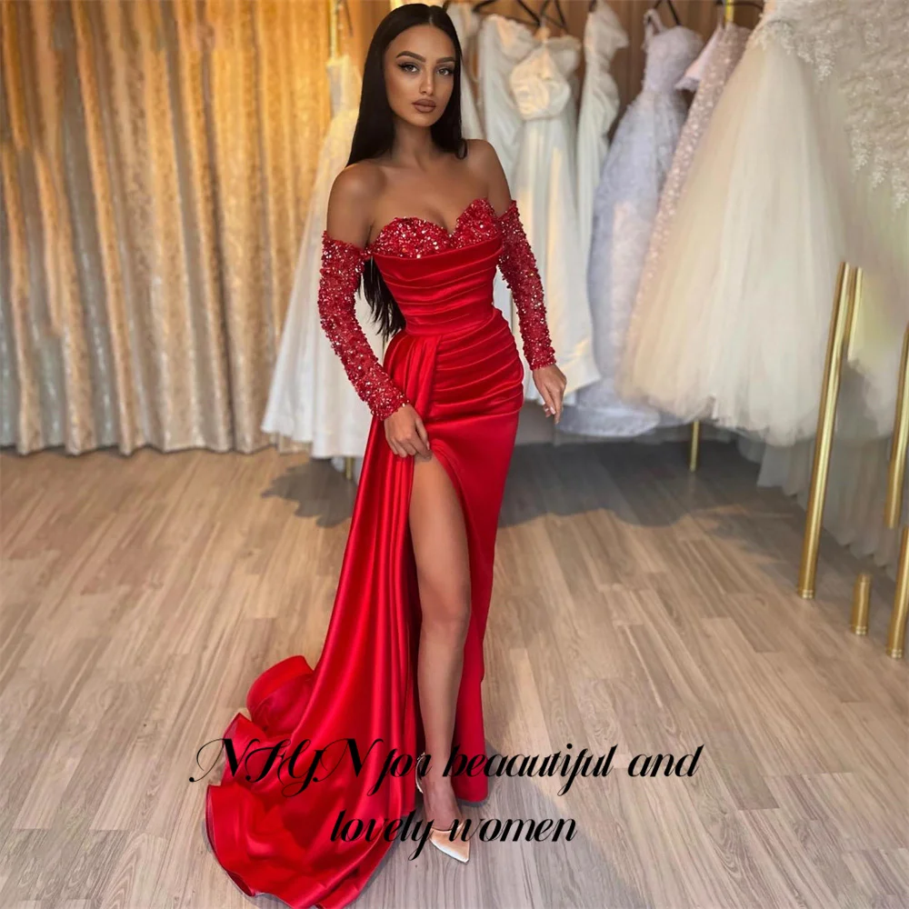 

NFYN Red Off the Shoulder Party Dress Sequin Vintage Night Dress with High Split Celebrity Dress vestidos de fiesta Customized