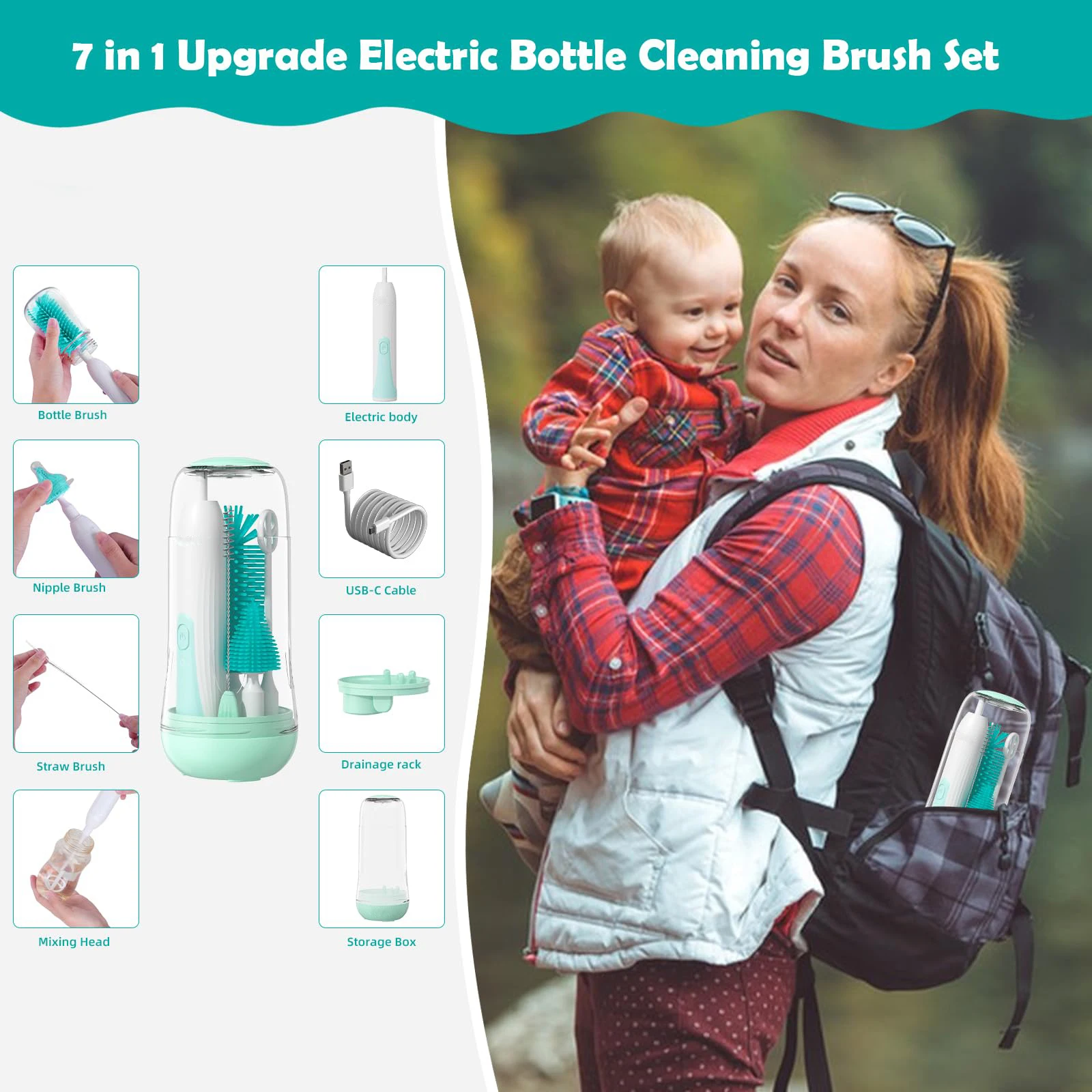 Electric Travel Baby Bottle Brush Set,Bottle Brush Cleaner,Nipple and Straw Brush,Stirring Disperser,Drainage Rack,Storage Box