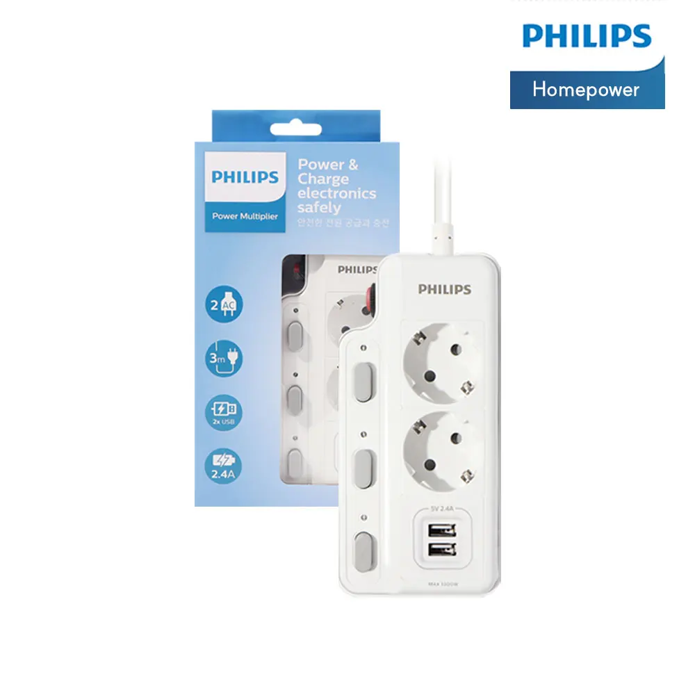 Philips USB Multi-tap High Capacity Power Strip 4000W with Individual Switches 2 3 4 Outlets