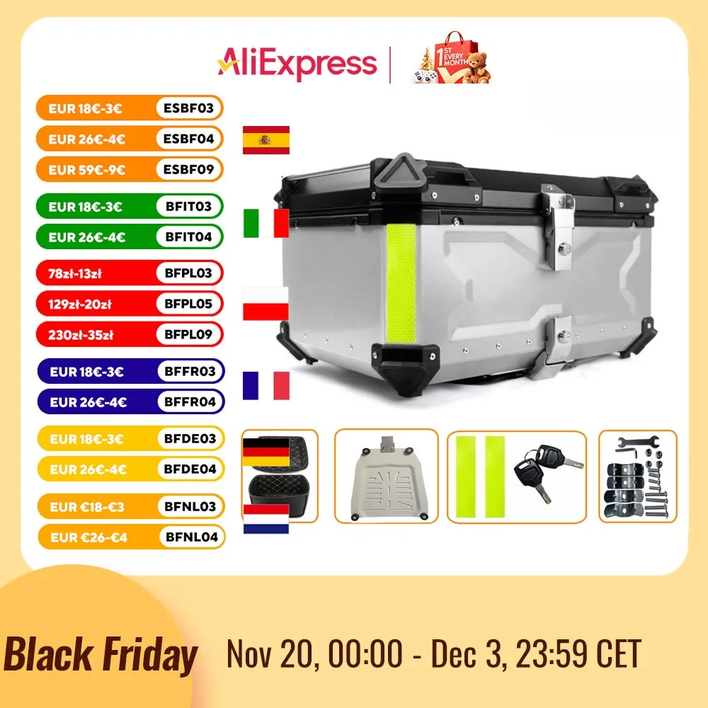 Kufry motocyklowe 55L, 65L, aluminiowe, wodoodporne, na kask, bagażnik motocyklowy, walizki do przechowywania bagażu.