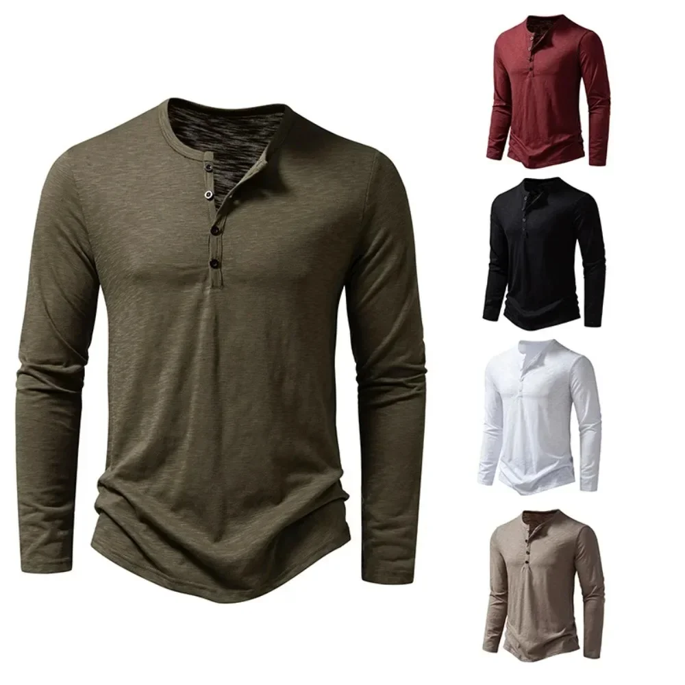 Jesienna nowa męska bawełniana koszulka z długim rękawem i dekoltem Henley Casual Solid Color Oddychająca Wszechstronna Moda Slim T-Shirts — 2