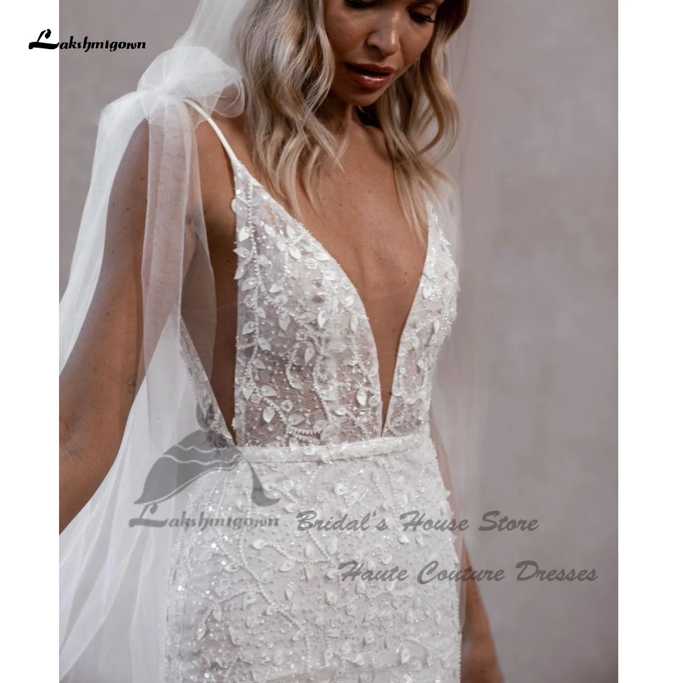 Lakshmigown Luxury Bead Lace Boho Beach Wedding Dresses Backless 2024 Vestidos Sexy Mermaid Bridal Gowns Plunging V Neck