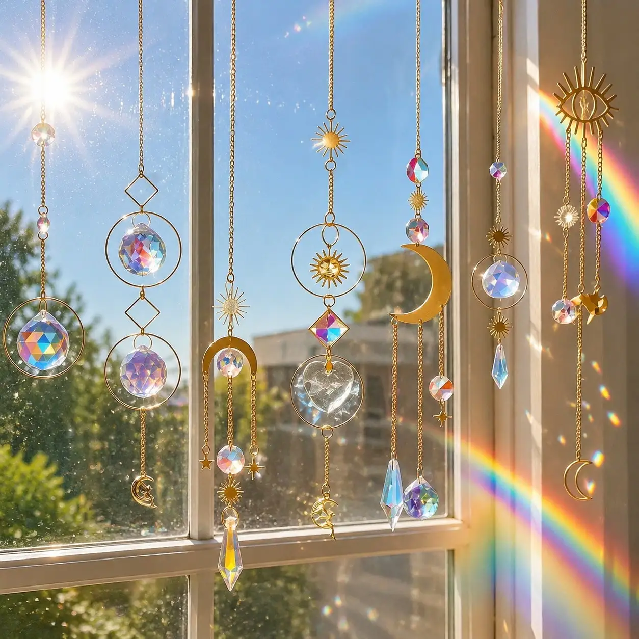 7pcs Sun Moon Rainbow Maker Window Hanging Decor, Celestial Suncatcher Ornament for Home Garden Bedroom, Boho Gift