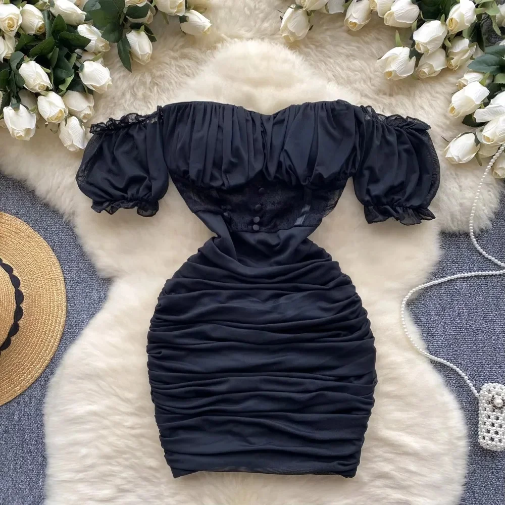 Elegancka koronkowa sukienka w stylu vintage z odkrytymi ramionami, szykowna, seksowna, szczupła, letnia damska, letnia, słodka, modna sukienka — zdjęcie 2