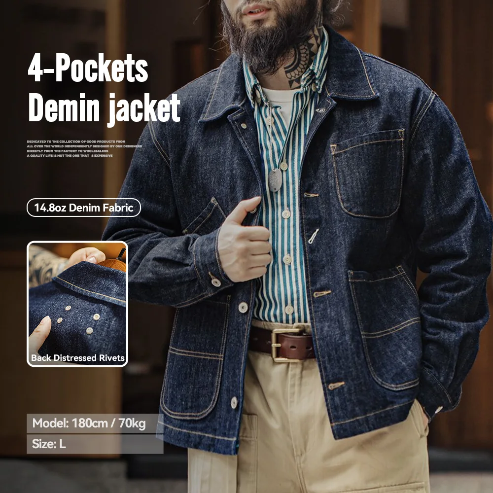 Maden Vintage 4-Pockets 14OZ Kurtka męska ze stójką Kurtka dżinsowa wersja płaszcza dla mężczyzn Wiosenne płaszcze Streetwear