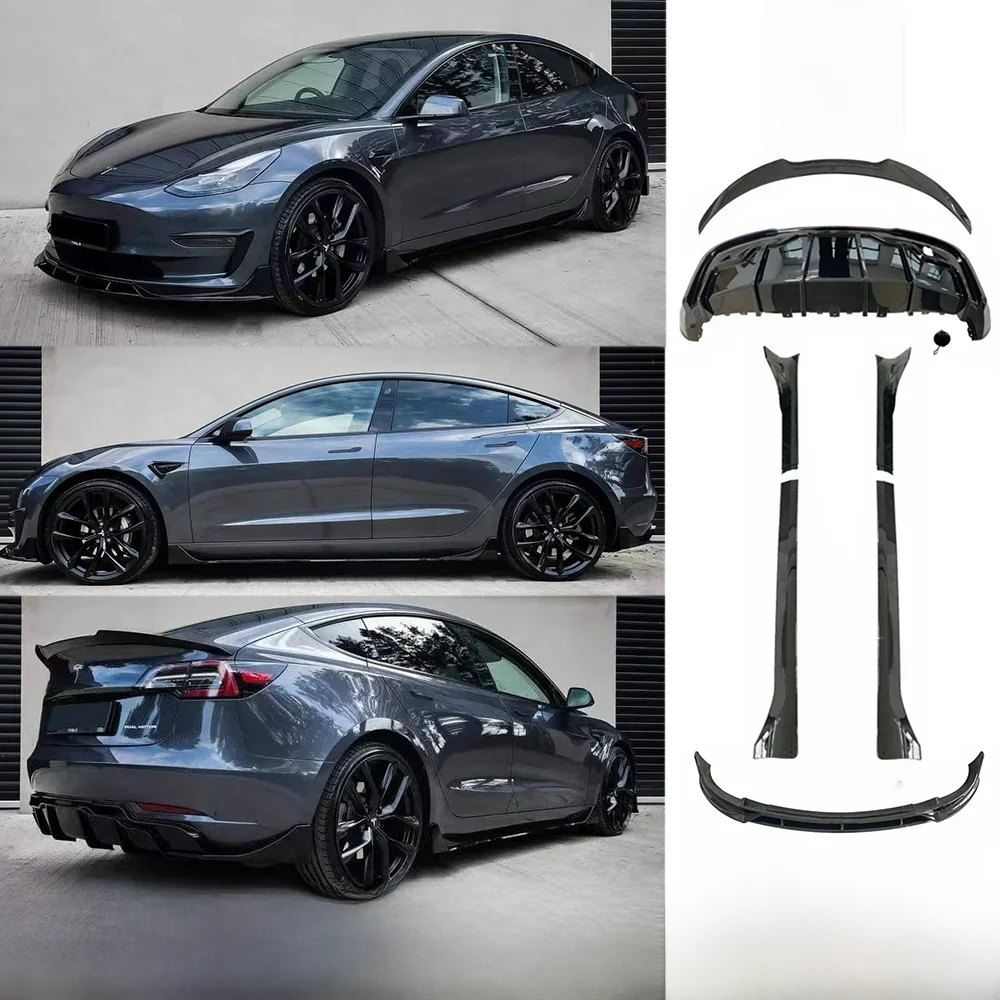 Full Body Kits 2024 Glanzend Zwart Snelle Aero Bumper Lip Diffuser Sdie Rokken Spoiler Tuning Voor Tesla Model 3 Y 2017-2024 - afbeelding 2