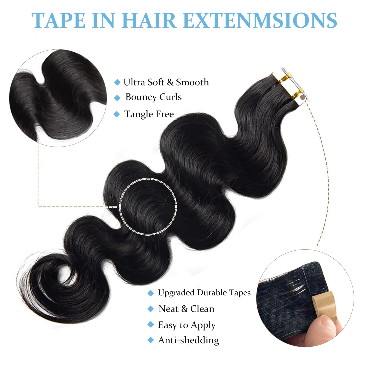 Body Wave Tape dalam ekstensi rambut 50G 20 buah Natural Black # 1B ekstensi rambut 22 24 26 inci rambut manusia asli untuk wanita