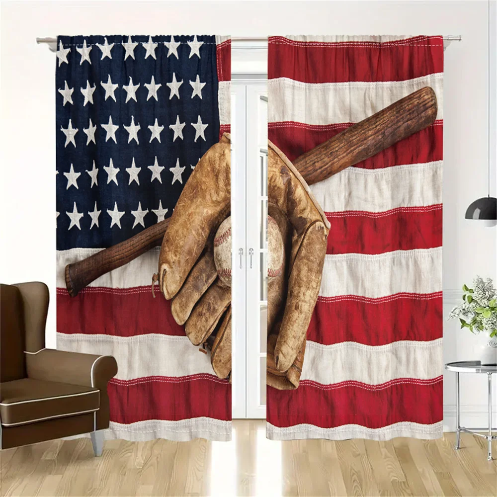 2Pcs American Sports Curtains Baseball Flag Pattern Living Room Bedroom Kids Room Sunshade Patriotic Theme Decor Curtains