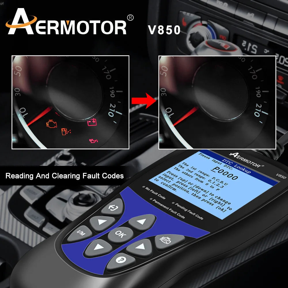 AERMOTOR V850 Fault Code Reader OBD2 Car Diagnostic Code Scanner Check Engine Read Live PCM Data Stream Resets Monitors