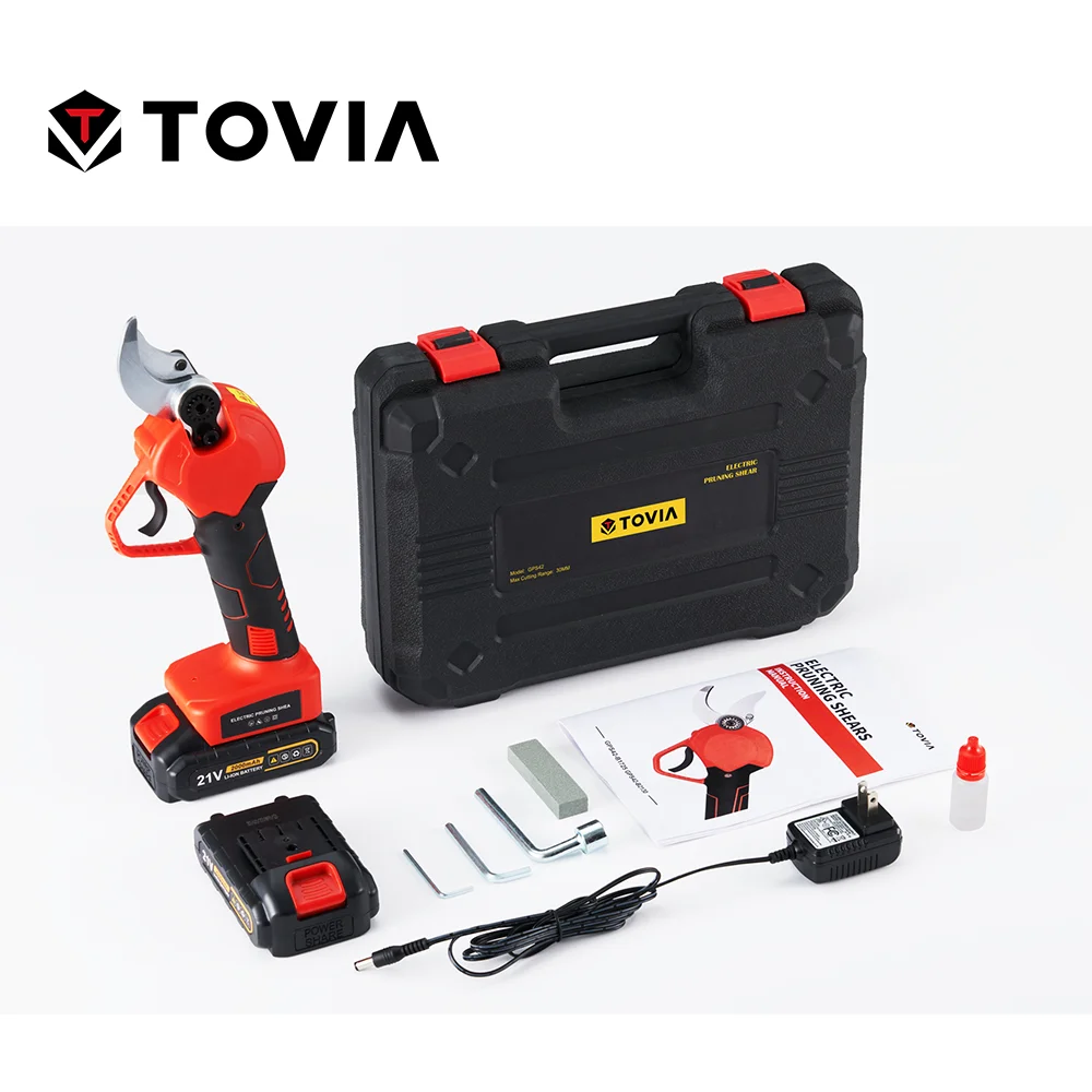 T TOVIA Cordless Electric Pruner 30mm Cutting Diameter 21V Battery Powered with 1.5Ah 2PCS Lithium Battery