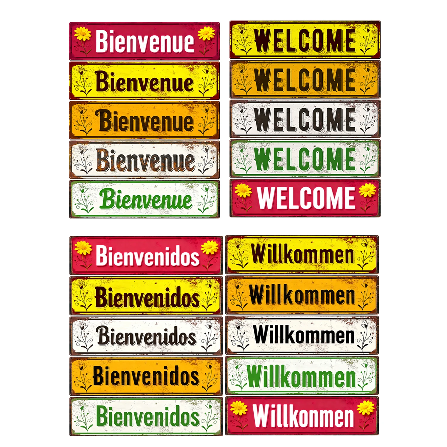 

【YZFQ】Welcome Metal Sign Willkommen Bienvenidos Bienvenue French German Spanish Wall Porch Front Door Home Decor 15X4inch FH-1