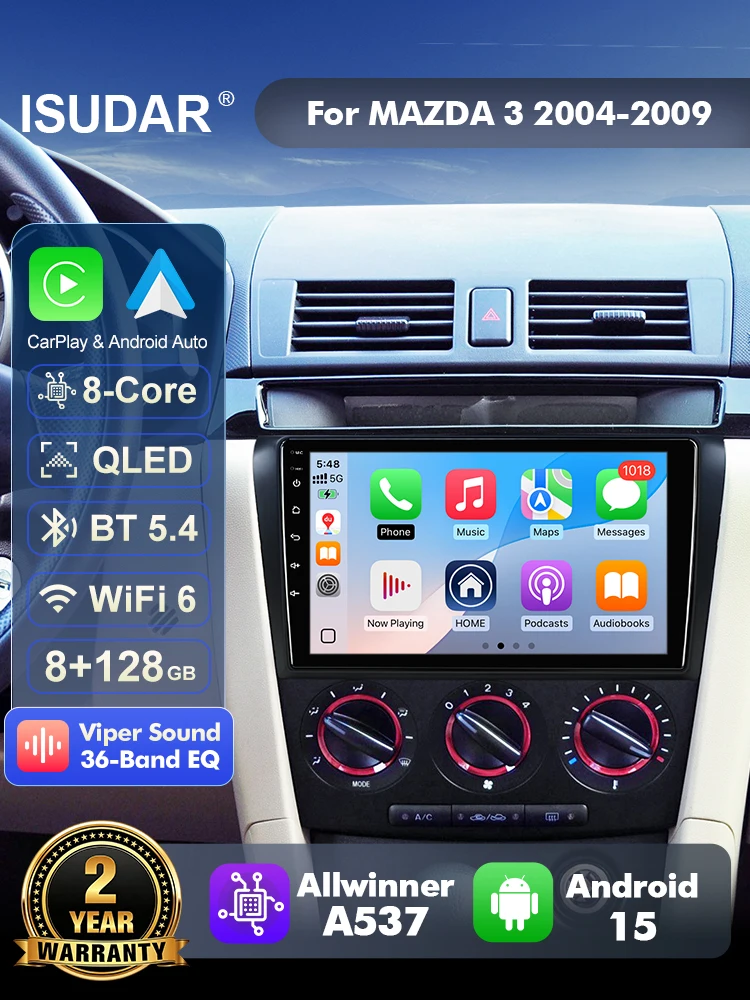 ISUDAR T57 Android 15 Radio For Mazda 3 BK 2004-2009 Multimedia Player CarPlay Android Auto Head Unit Camera DSP Stereo