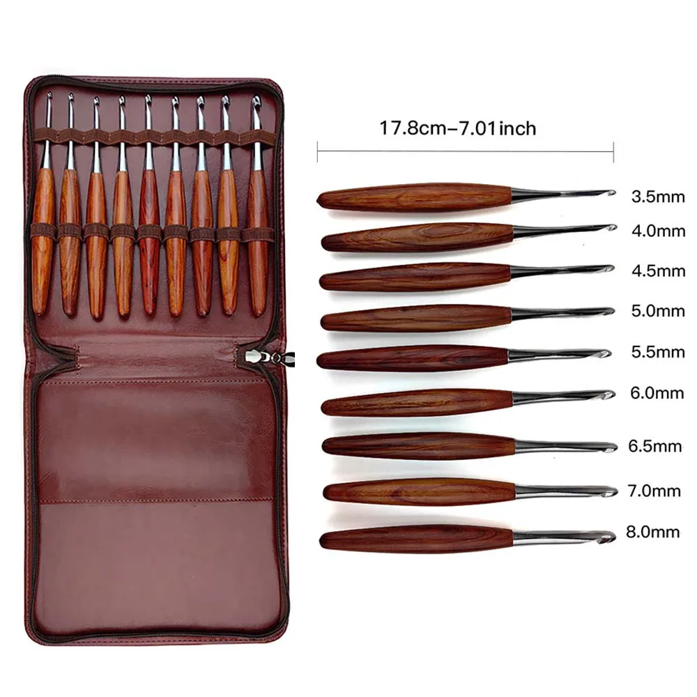 

9pcs Crochet Hooks Red sandalwood Thick Handle Weaving Knitting Crocheting Needle DIY Crafts Set with Bag Sizes 3.0mm to 8.0mm