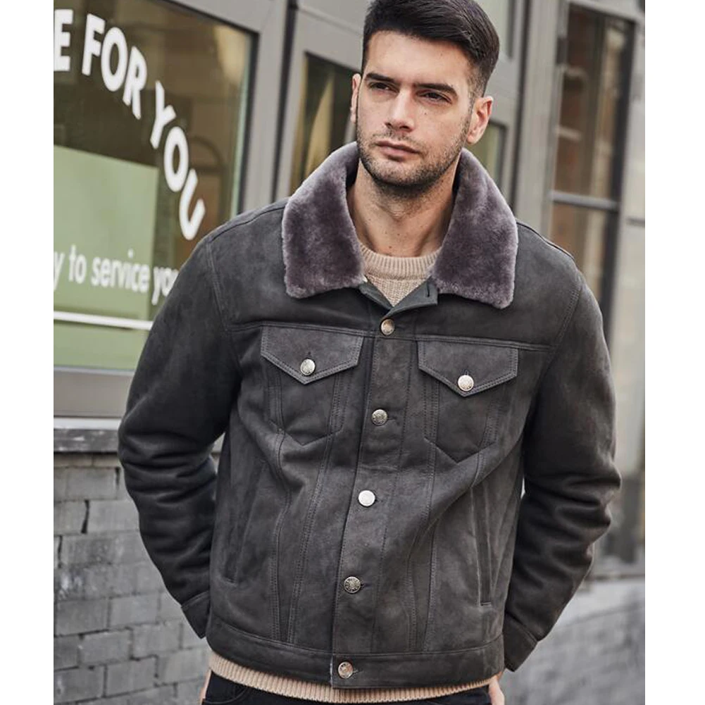 Denny&Dora Mens Shearling Jean Jacket Short Sheepskin Coat Grey Lapel Collar Leather Coat