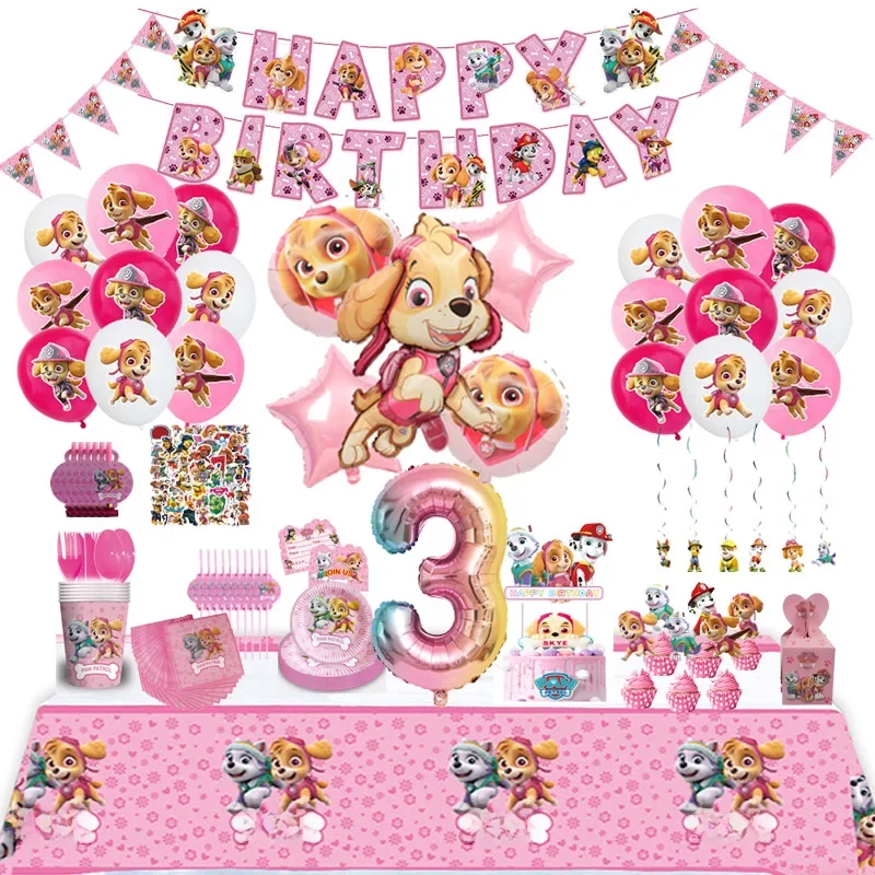 Patrulha pata rosa aniversário skye tema festa decorações conjunto de talheres pratos de papel copos