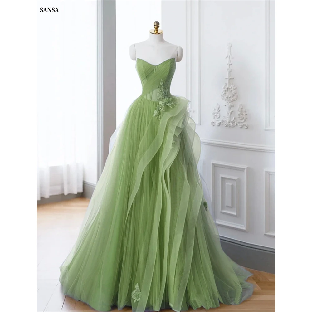 Sansa personalizado verde A-line apliques 3D flor Vestidos De graduación fuera del hombro Vestidos De Noche hasta el suelo Noche Formal