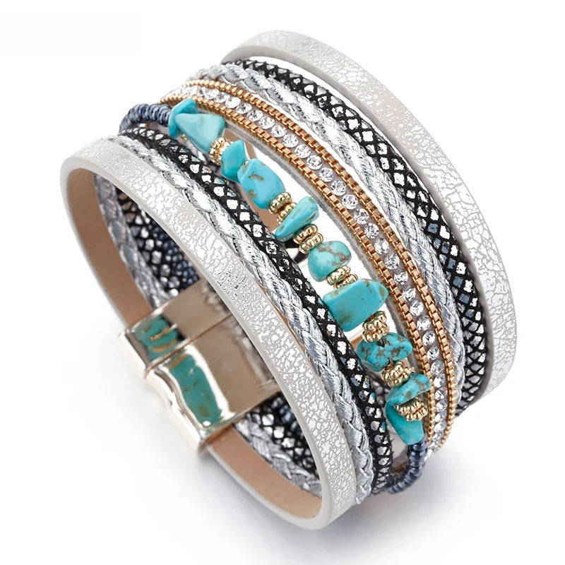 ALLYES bransoletki ze skóry z kamienia naturalnego dla kobiet mężczyzn luksusowa marka Femme styl Boho szeroka wielowarstwowa bransoletka Wrap biżuteria damska — zdjęcie 2