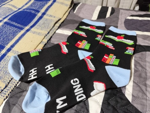Unisex Funny Saying Novelty Cotton Crew Socks Shhh I Am Reading Letters Cartoon Books Print Mid Tube Stockings Xmas Gift photo review