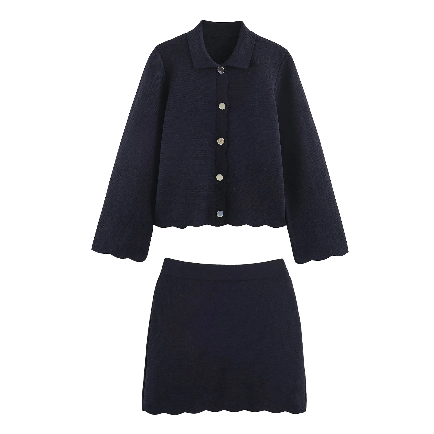 Womens Knitted Two Piece Outfit Lapel Single Breasted Cardigan Top Scalloped Mini Skirt Set Elegant Chic Streetwear Suits