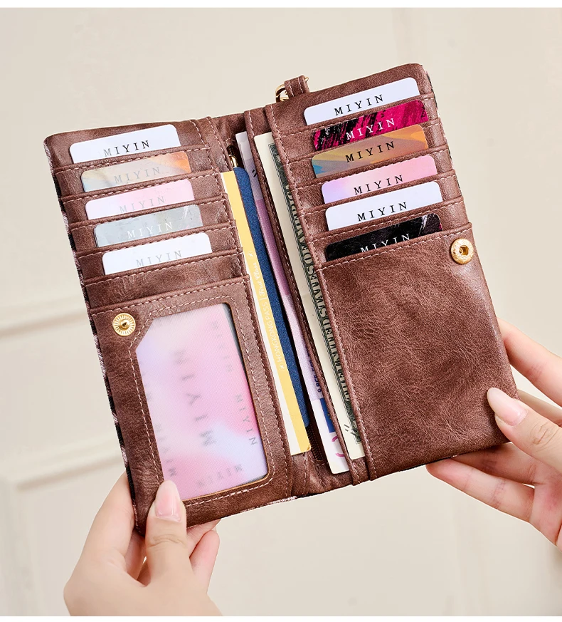 Vintage Damen-Geldbörse mit Leopardenmuster, Doppelreißverschluss, PU-Leder, lange Geldbörse, multifunktionale Kreditkarten-Clutch mit Handgelenkschlaufe – Detail 16