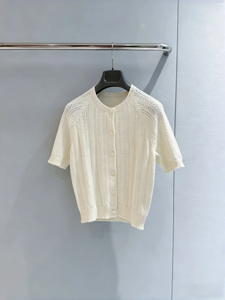 

Women's Short Sleeved Knitted Shirt With Black Fungus Lace Round Neck Button Hollow Out Solid Color T-shirt